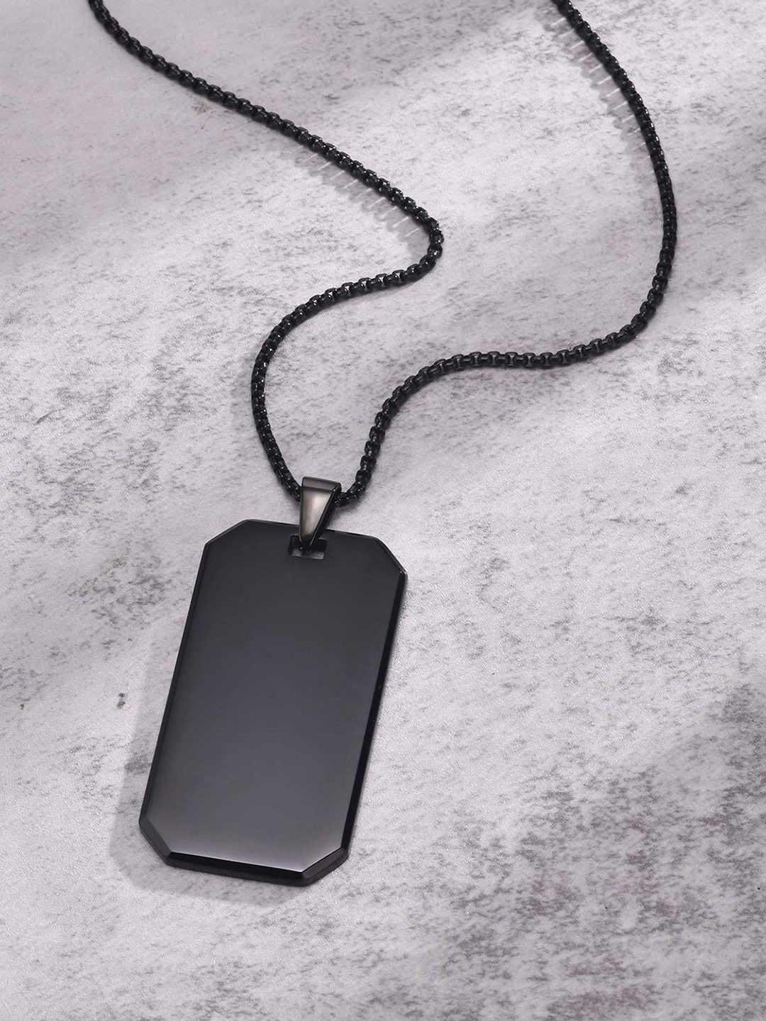 

Peora Men Stainless Steel Metal Army Military Theme Style Square Pendant With Chain, Black
