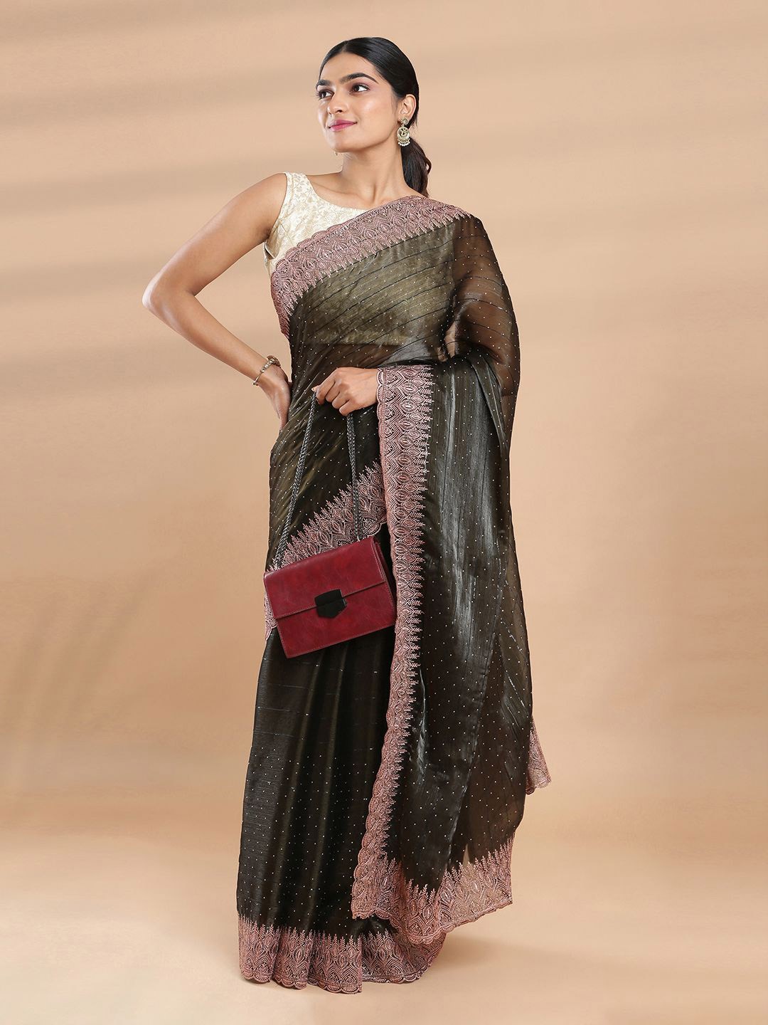 

Kalyan Silks Embellished Beads and Stones Organza Saree, Green