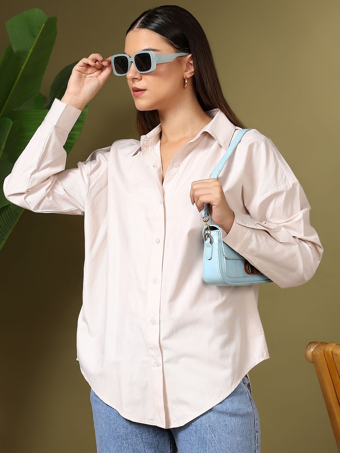 

Kotty Women Relaxed Fit Spread Collar Solid Cotton Casual Shirt, Beige