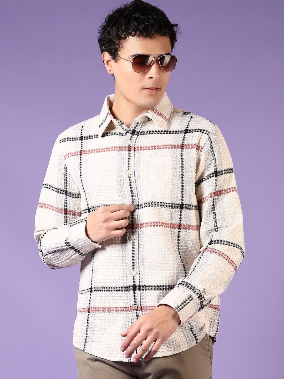 

V-Mart Men Spread Collar Textured Cotton Casual Shirt, Beige