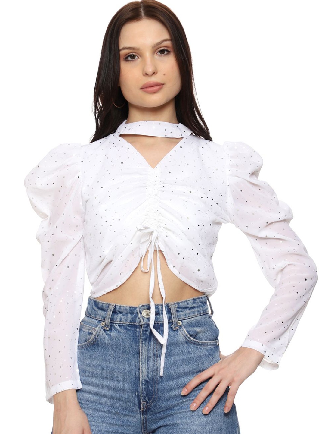 

SXV STYLE Embellished Georgette Crop Top, White
