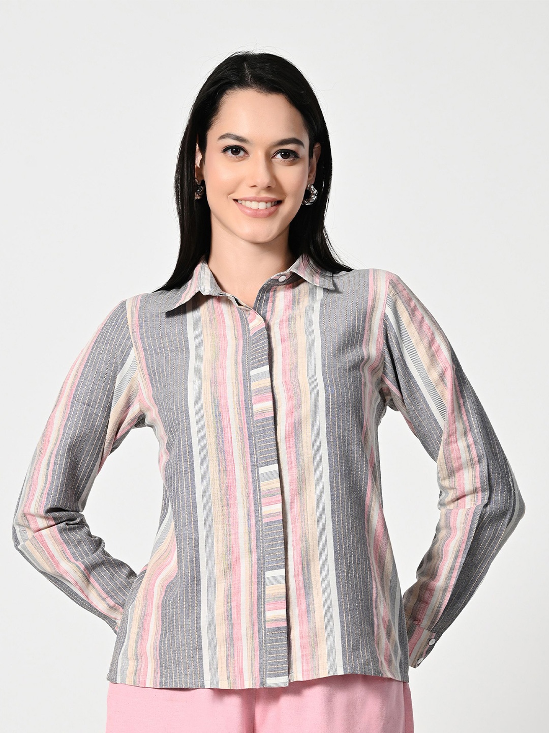 

ALL WAYS YOU Women Standard Opaque Striped Casual Shirt, Grey