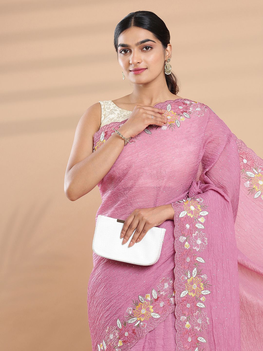 

Kalyan Silks Embellished Beads and Stones Organza Saree, Pink