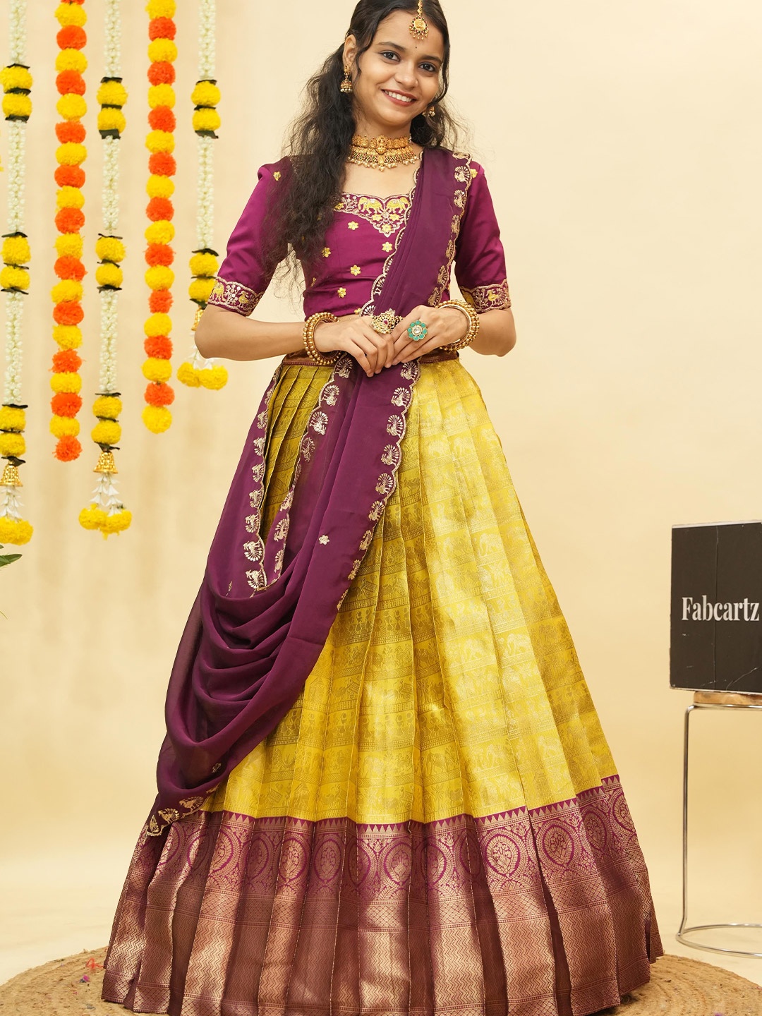 

Fabcartz Embroidered Thread Work Semi-Stitched Lehenga & Unstitched Blouse With Dupatta, Yellow