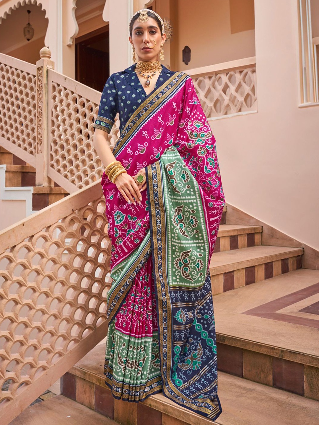 

Anouk Ethnic Motifs Zari Silk Blend Patola Saree, Pink