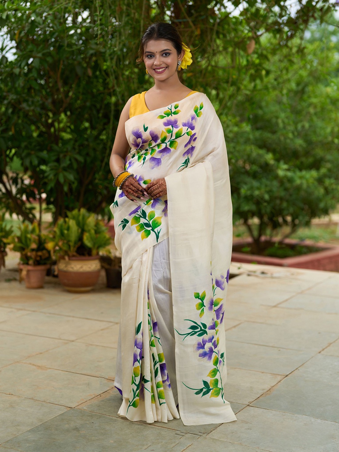 

Prasam Floral Pure Silk Murshidabad silk Saree, Off white