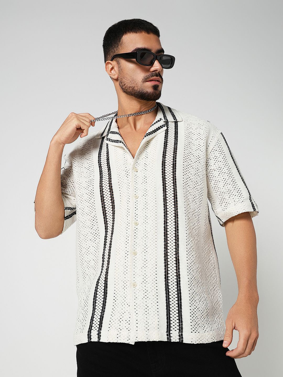 

R&B Men Oversized Fit Cuban Collar Textured Casual Shirt, White