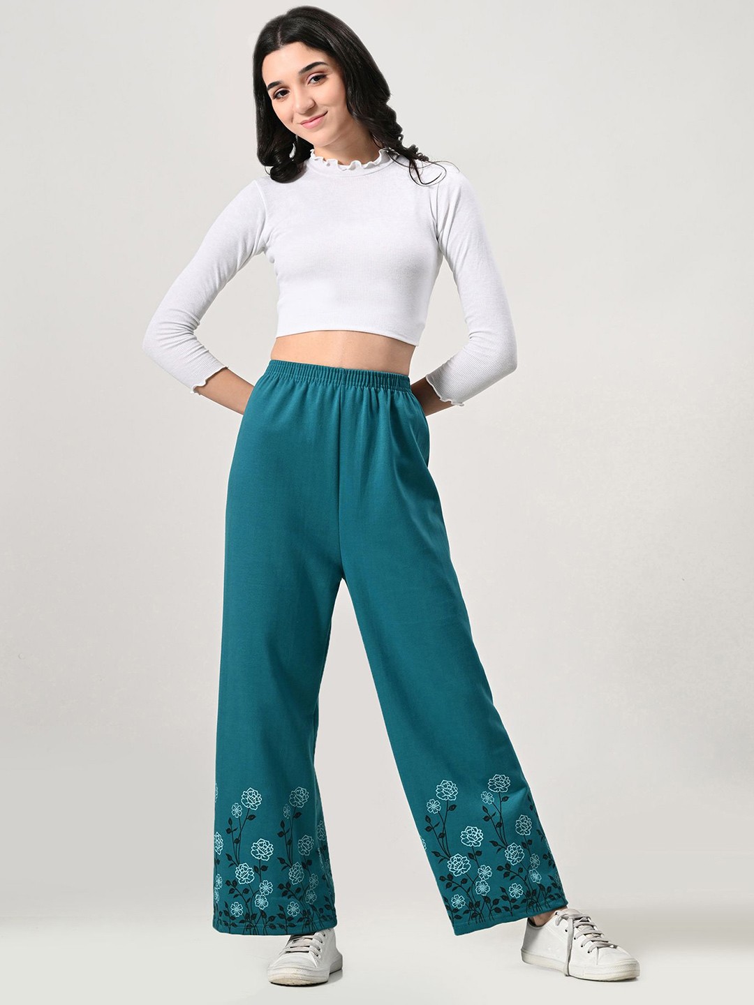 

BAESD Women Floral Printed Knitted Palazzos, Green