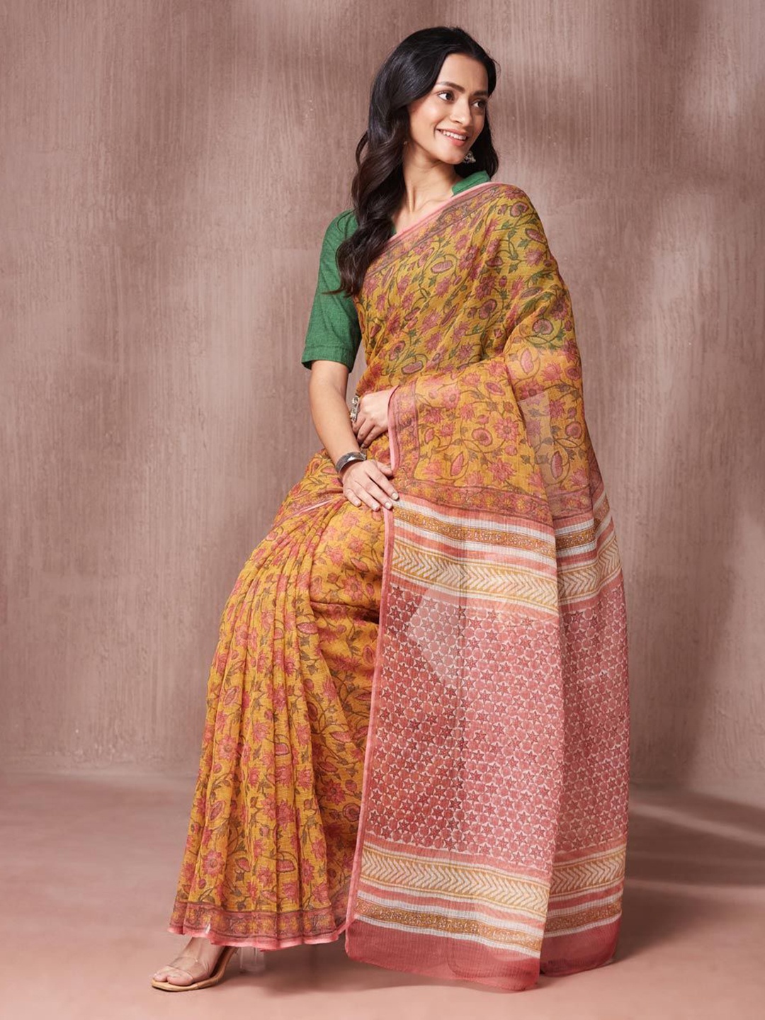 

Fabindia Floral Printed Block Print Saree, Mustard