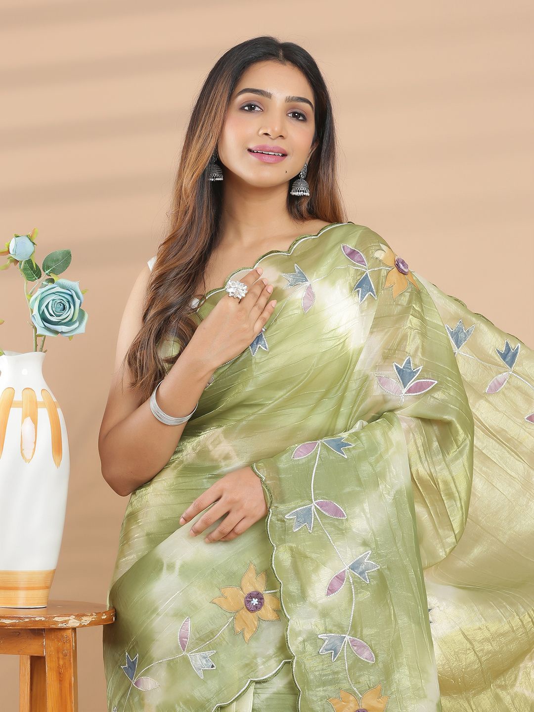 

Kalyan Silks Tie and Dye Embroidered Organza Saree, Olive