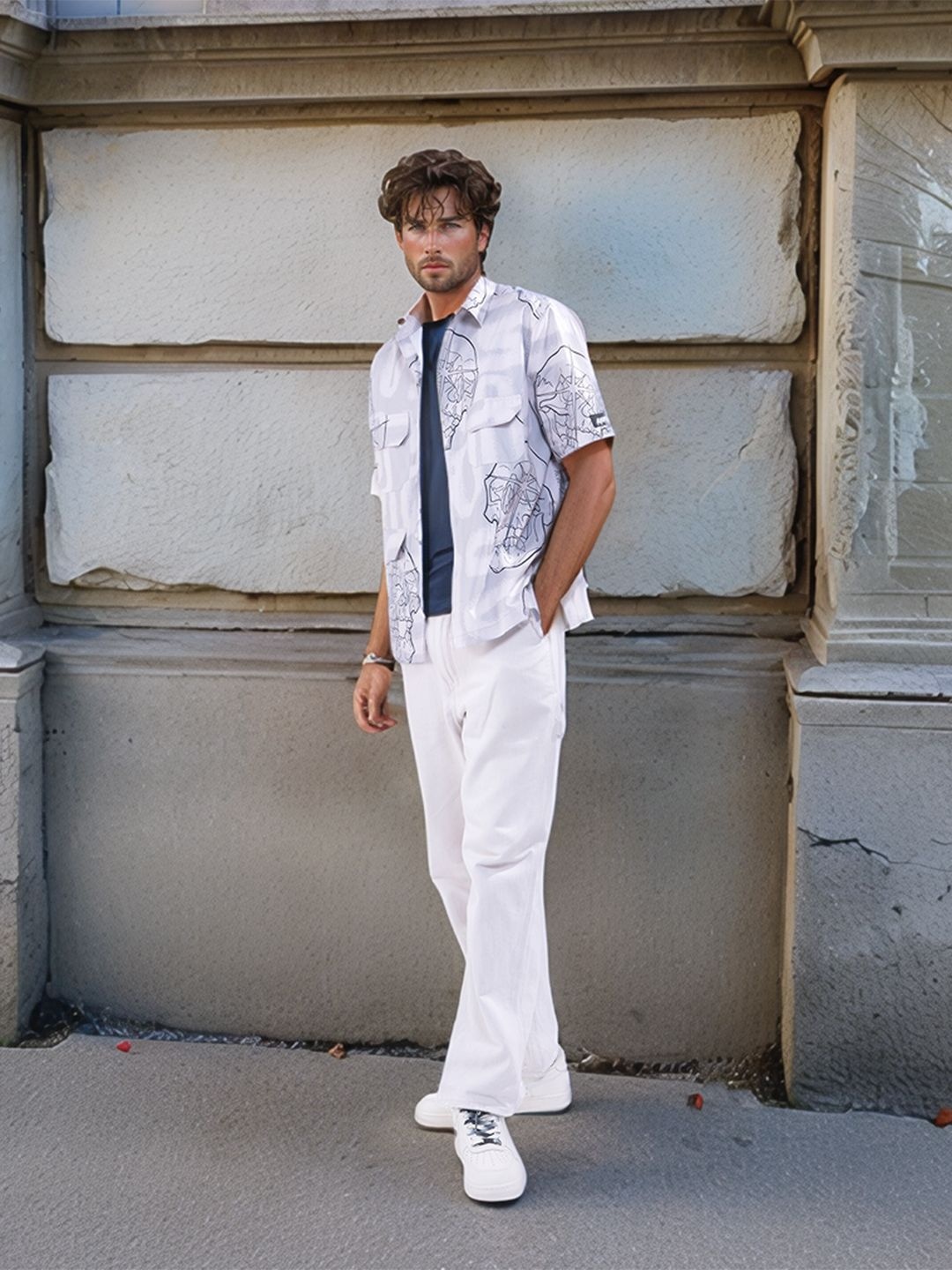 

HERE&NOW Men Spread Collar Graphic Printed Cotton Casual Shirt, White
