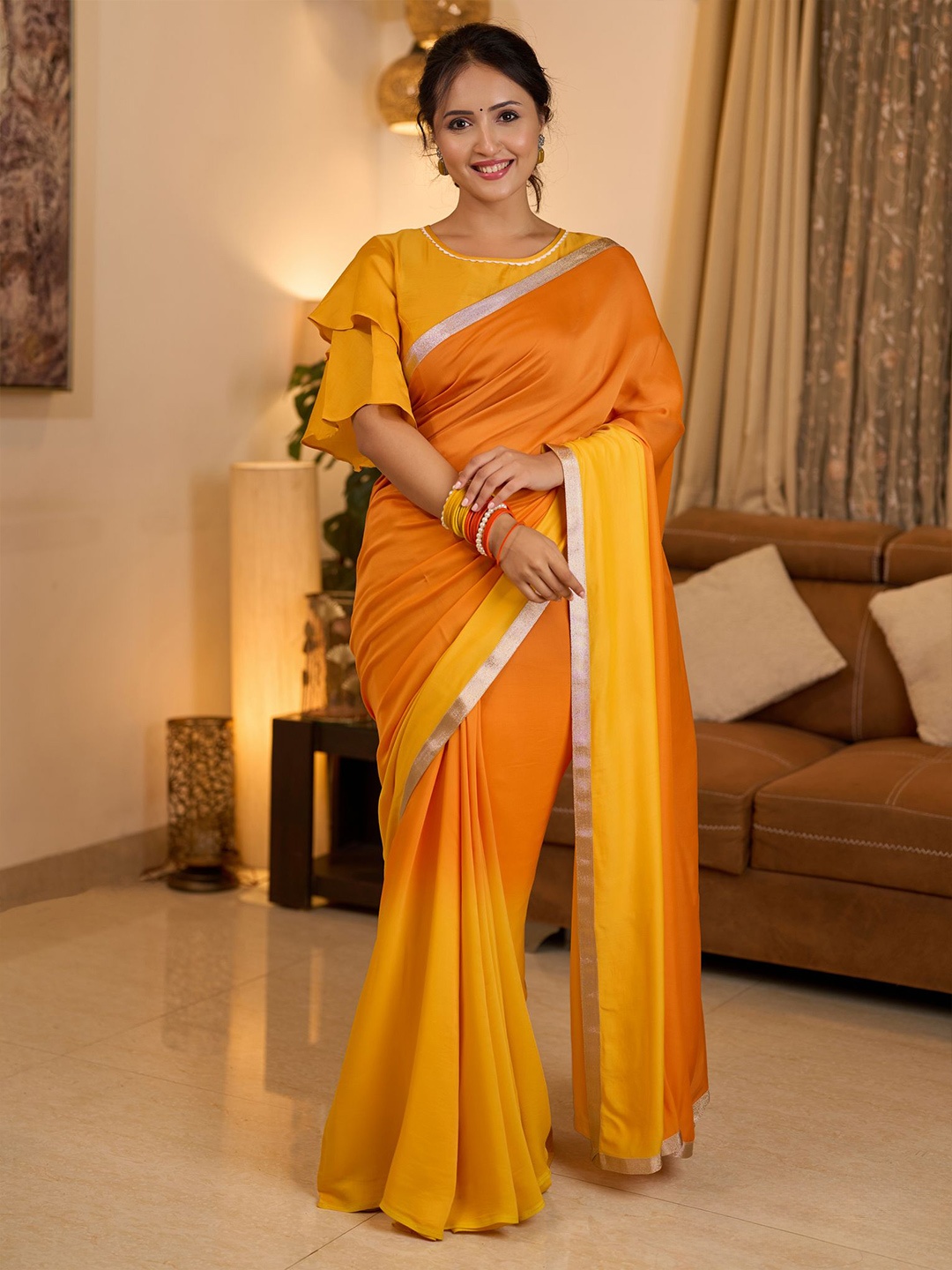 

Prasam Ombre Saree With Silver Lace, Orange