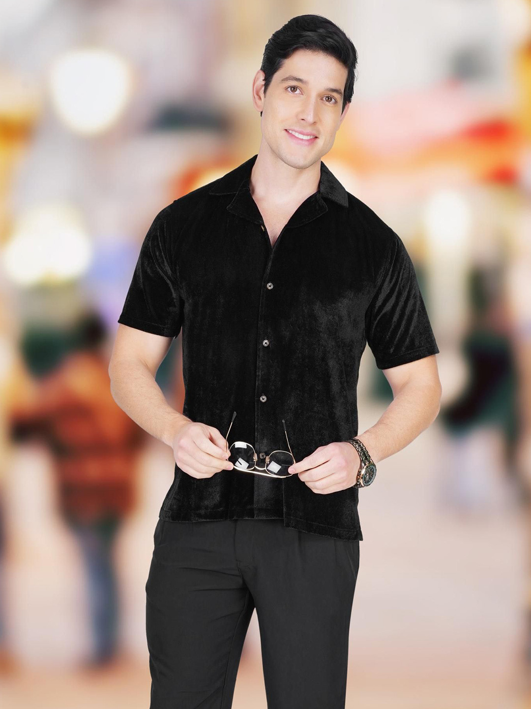 

BAESD Men Relaxed Slim Fit Cuban Collar Solid Silk Casual Shirt, Black