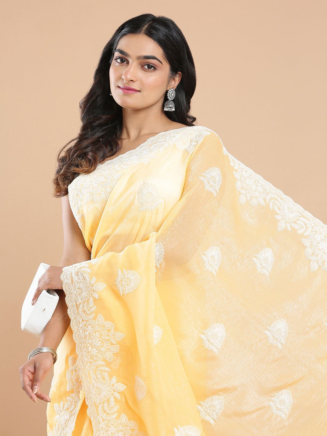 

Kalyan Silks Floral Embroidered Organza Saree, Yellow