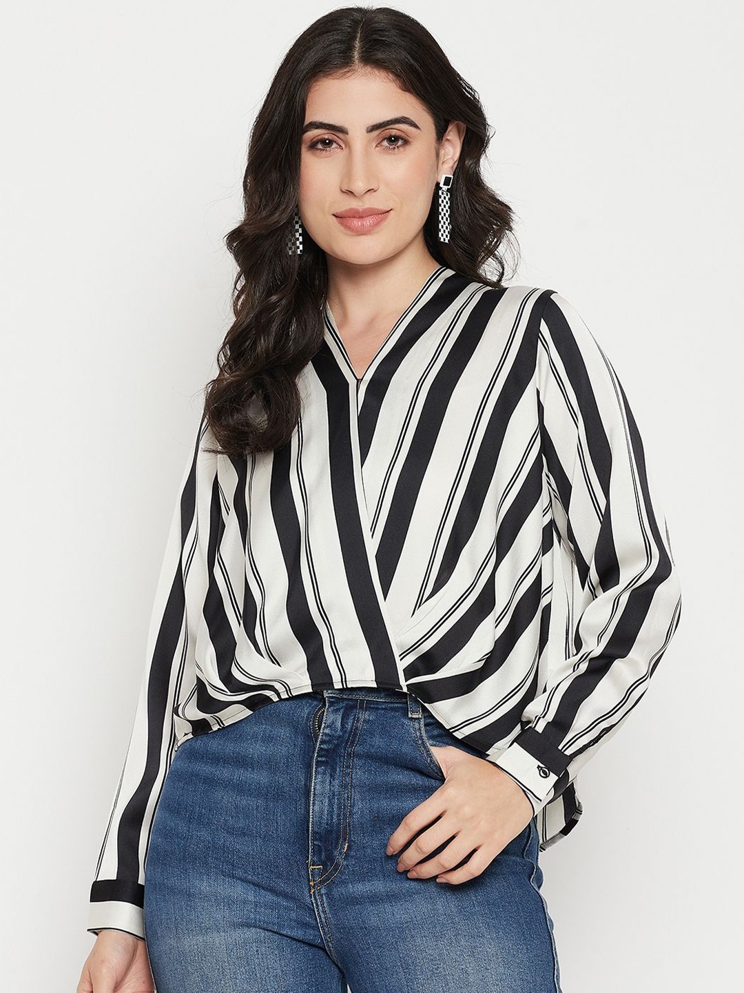 

Madame Women Striped Wrap Top, Black