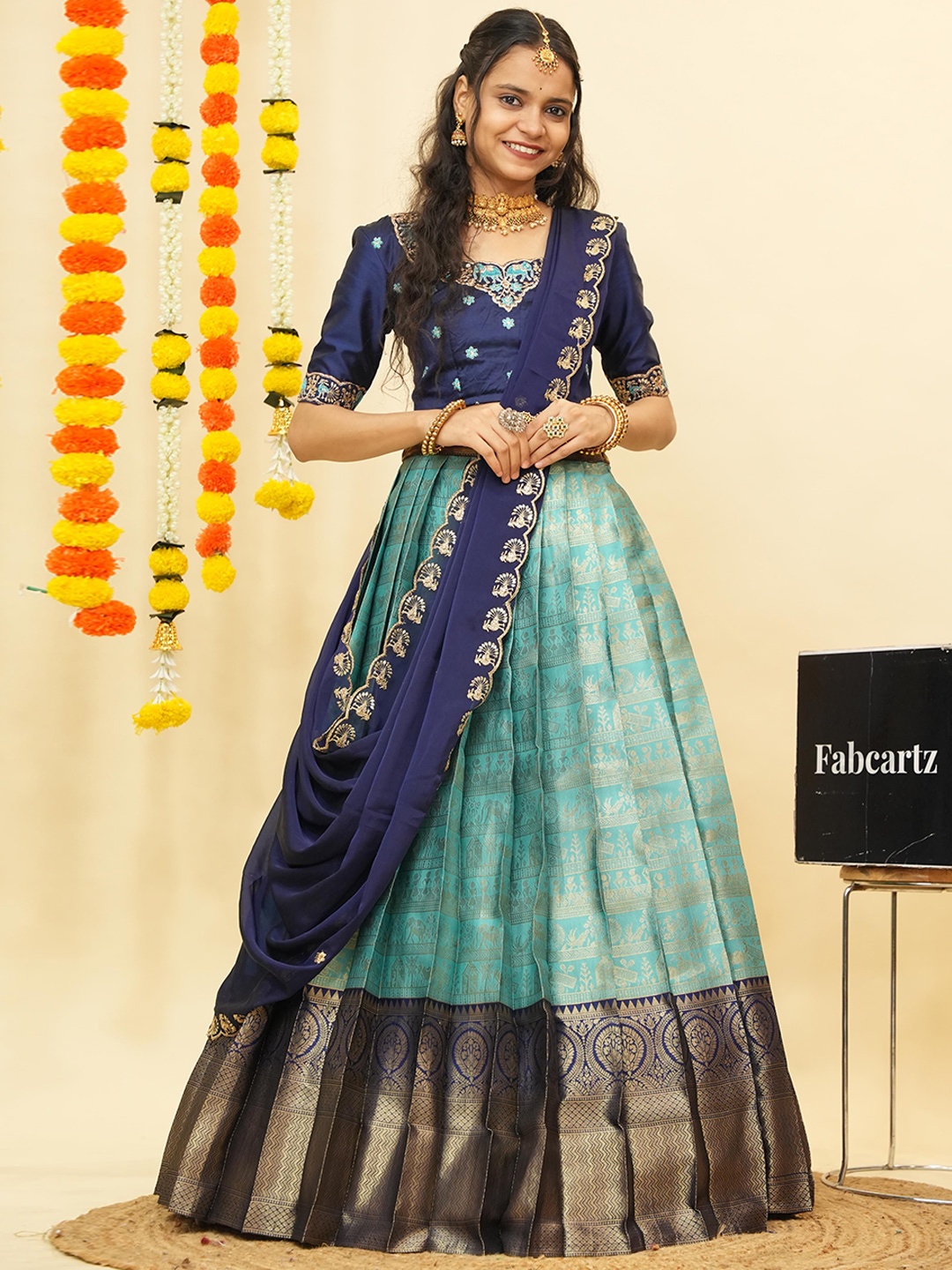 

Fabcartz Embroidered Thread Work Semi-Stitched Lehenga & Unstitched Blouse With Dupatta, Sea green