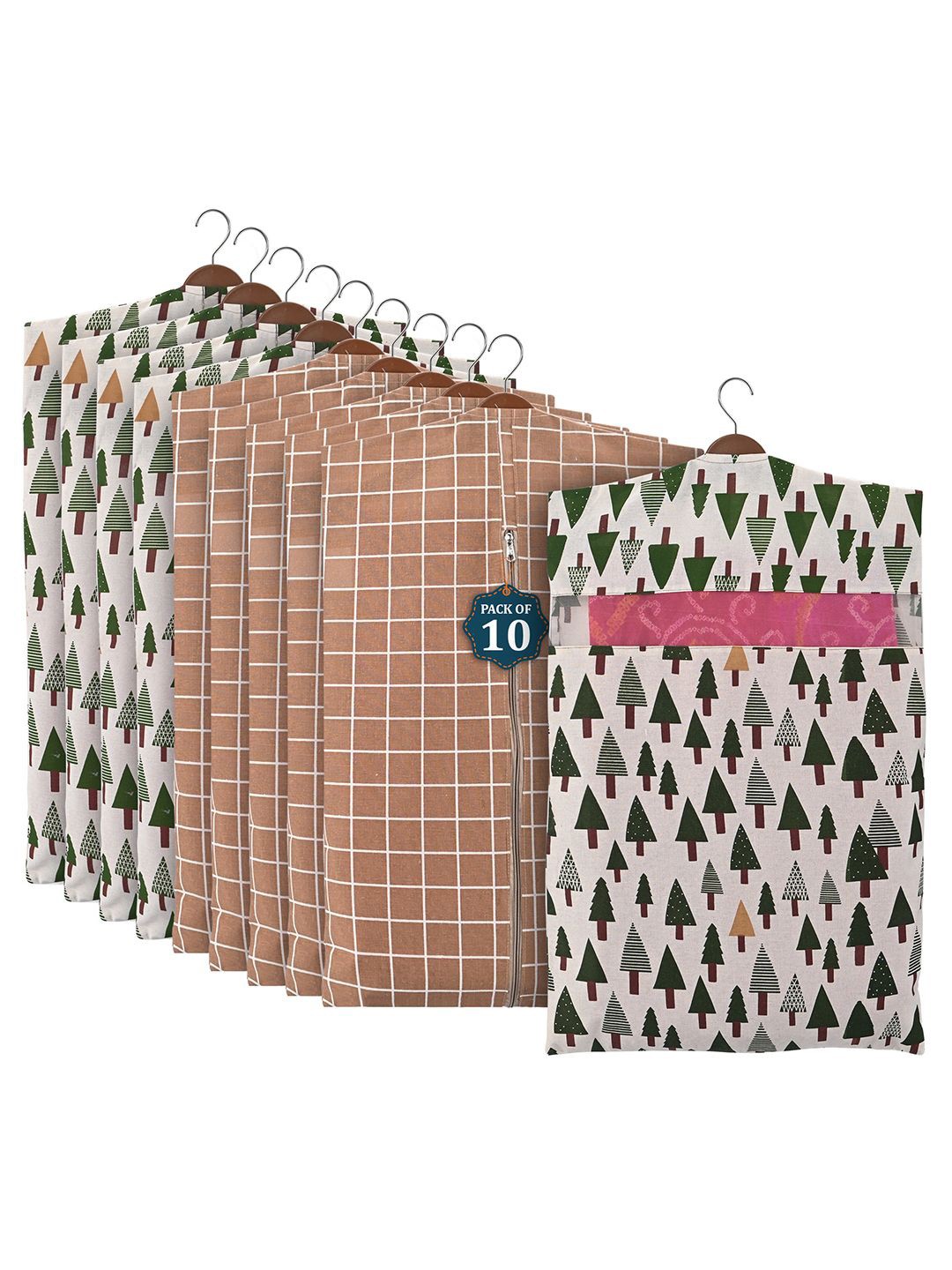 

Kuber Industries Brown 10 Pieces Cotton Hanging Saree Cover Multi Utility Organisers