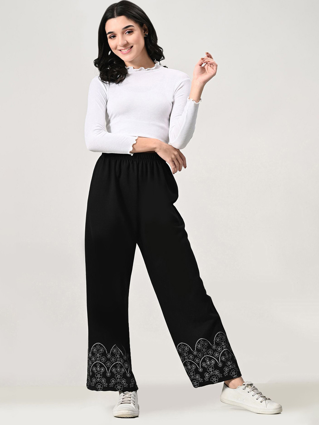 

BAESD Women Floral Printed Flared Knitted Palazzos, Black