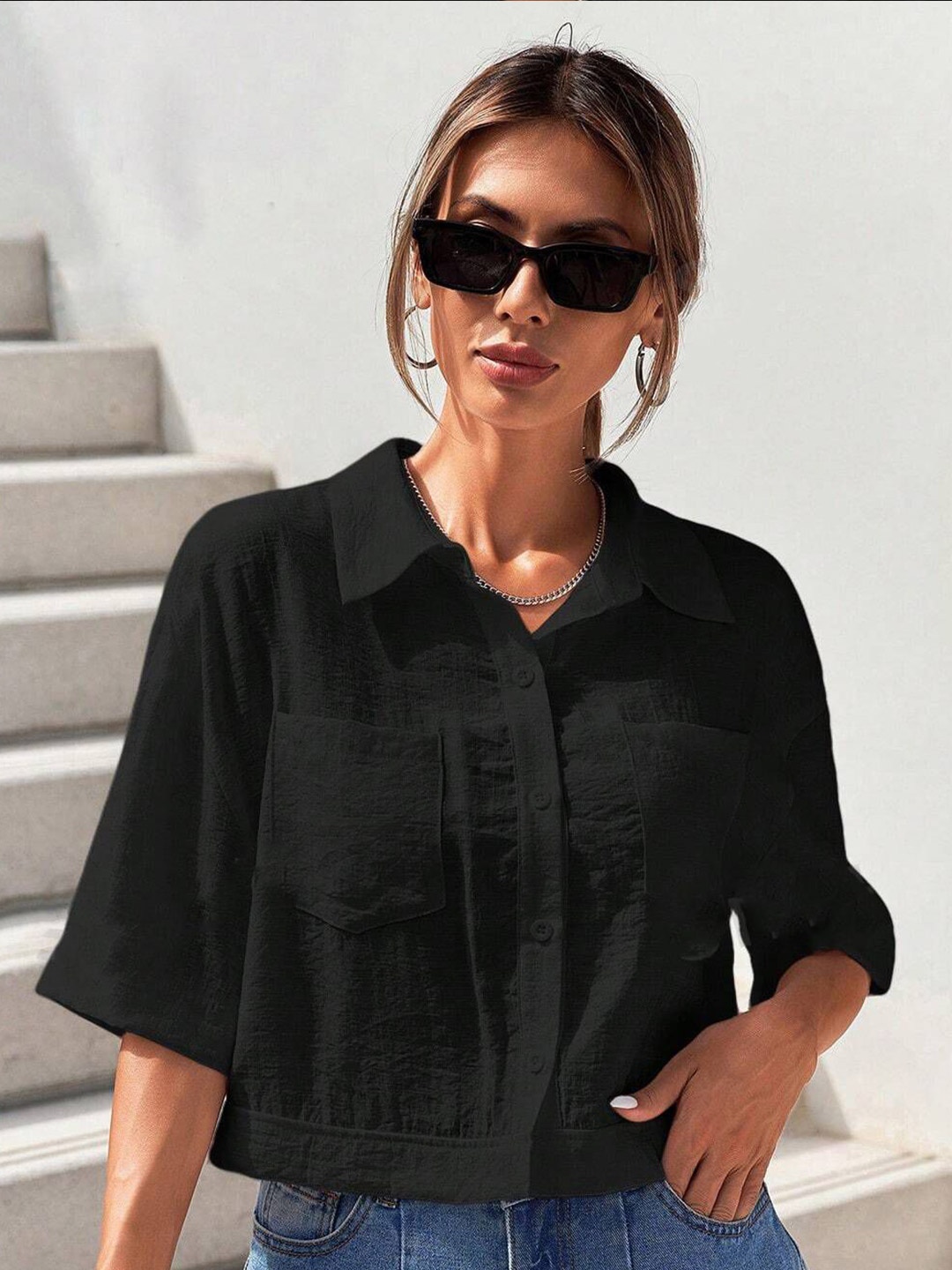 

CHAKUDEE Women Standard Relaxed Fit Spread Collar Solid Casual Shirt, Black