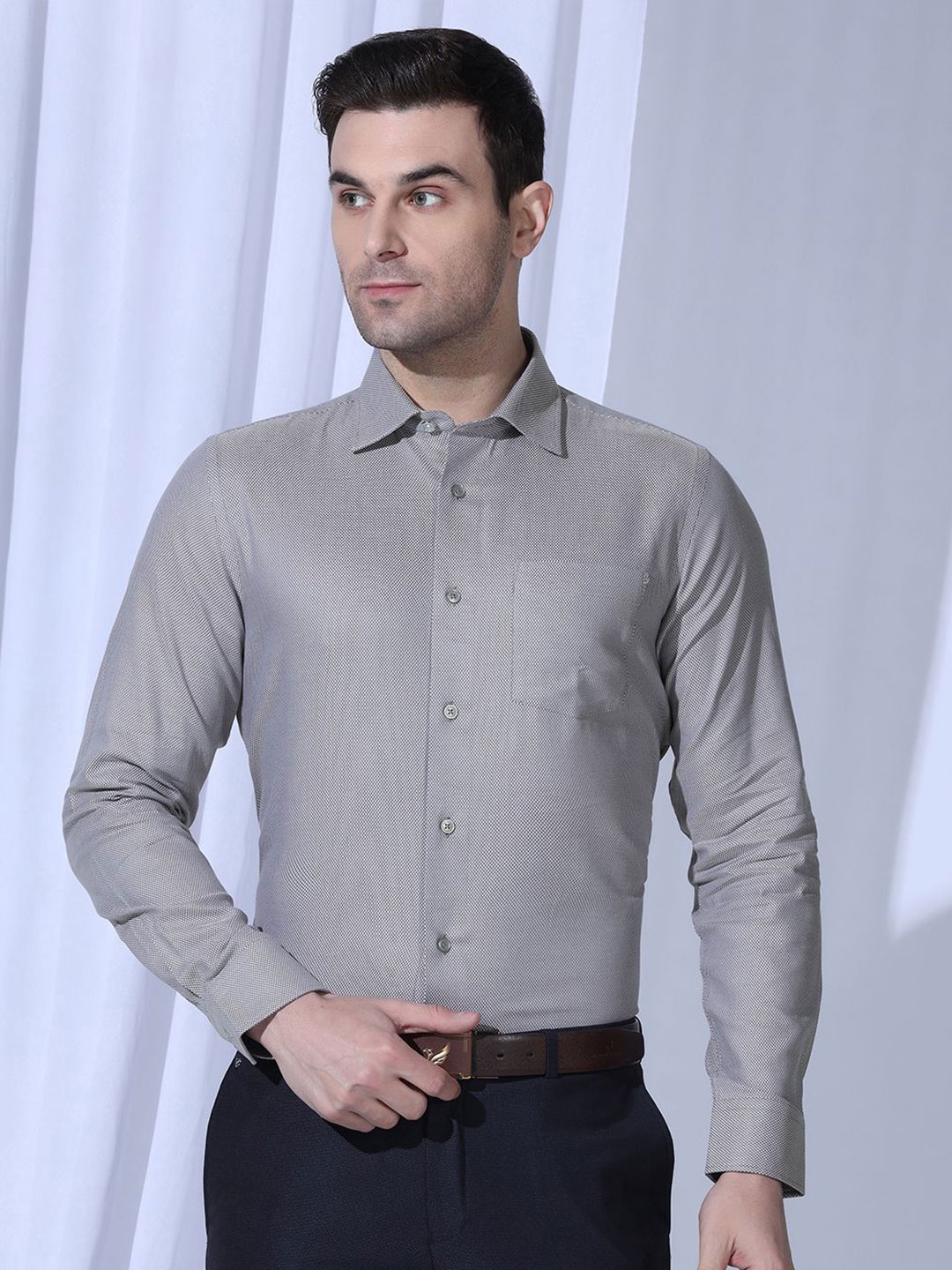 

Blackberrys Men India Slim Fit Spread Collar Textured Cotton Casual Shirt, Grey