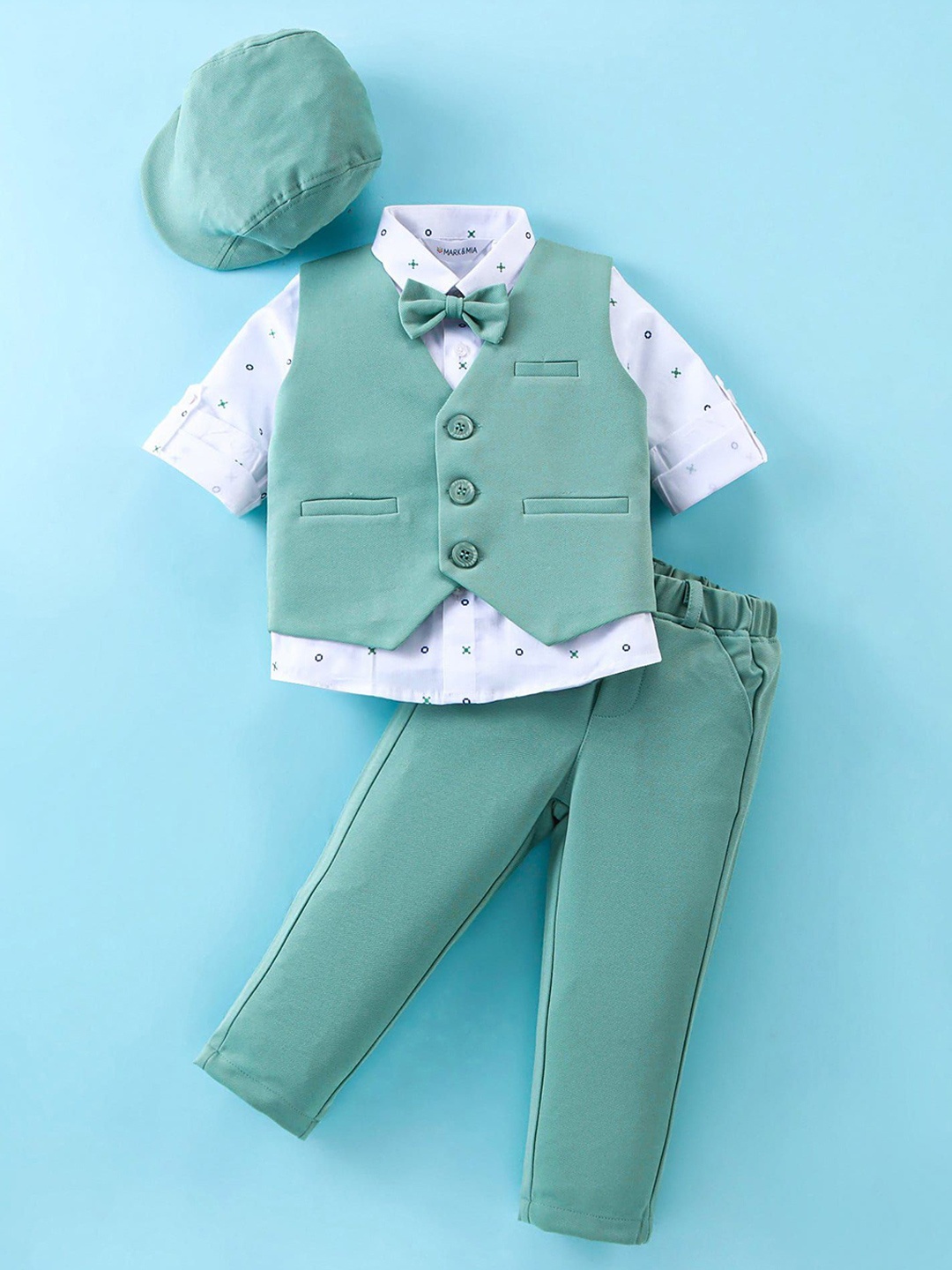 

Mark & Mia Boys Single Breasted 3 Piece Suit Waistcoat With Shirt Trouser & Hat & Bow Tie, Green