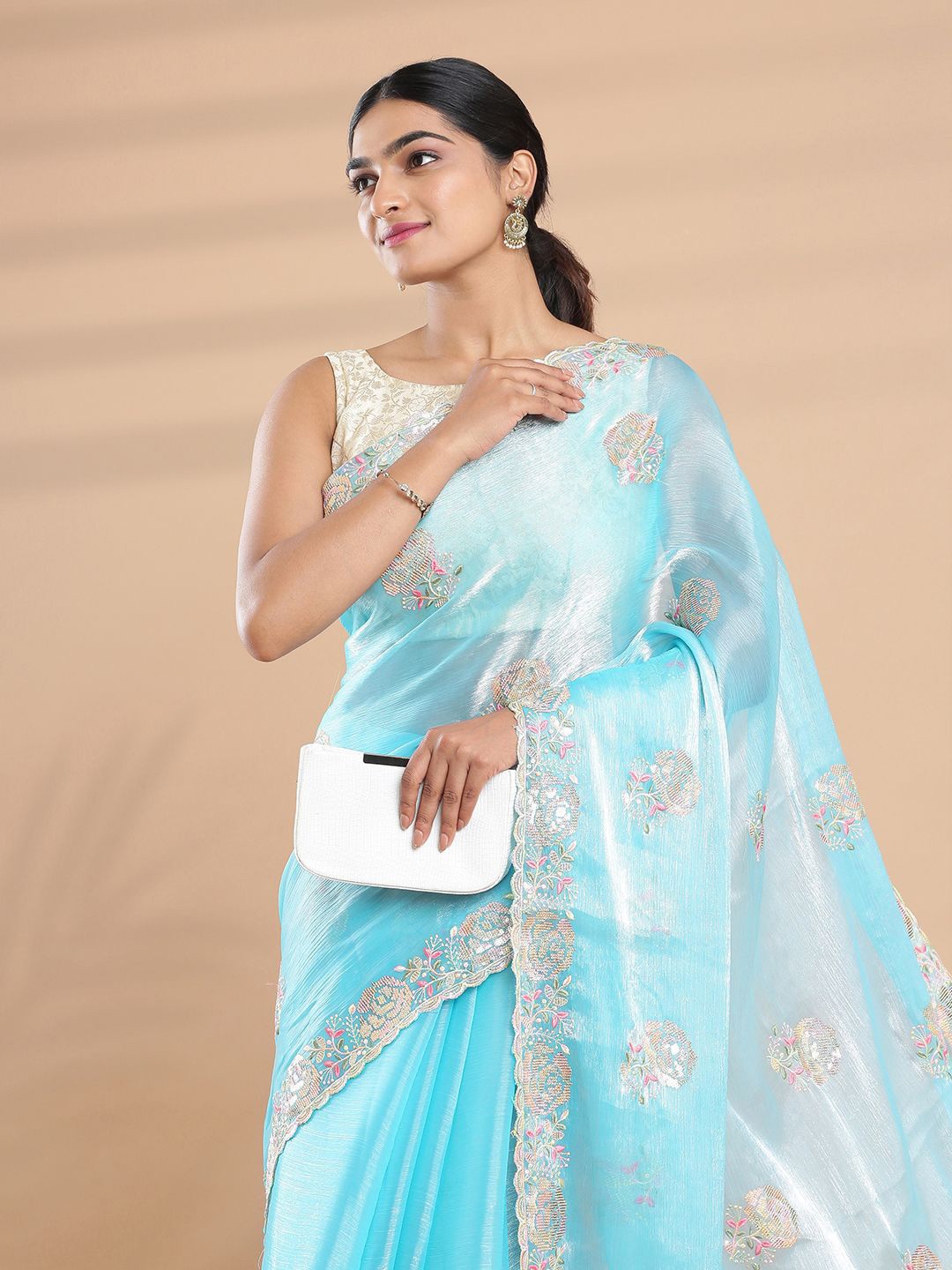 

Kalyan Silks Floral Embroidered Organza Saree, Blue