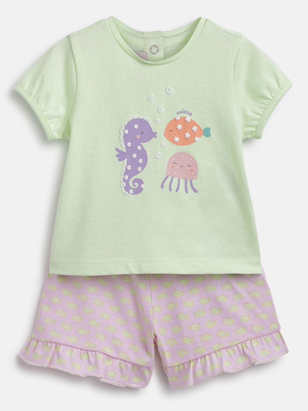 

Chicco Girls Printed Pure Cotton T-Shirt With Shorts, Green