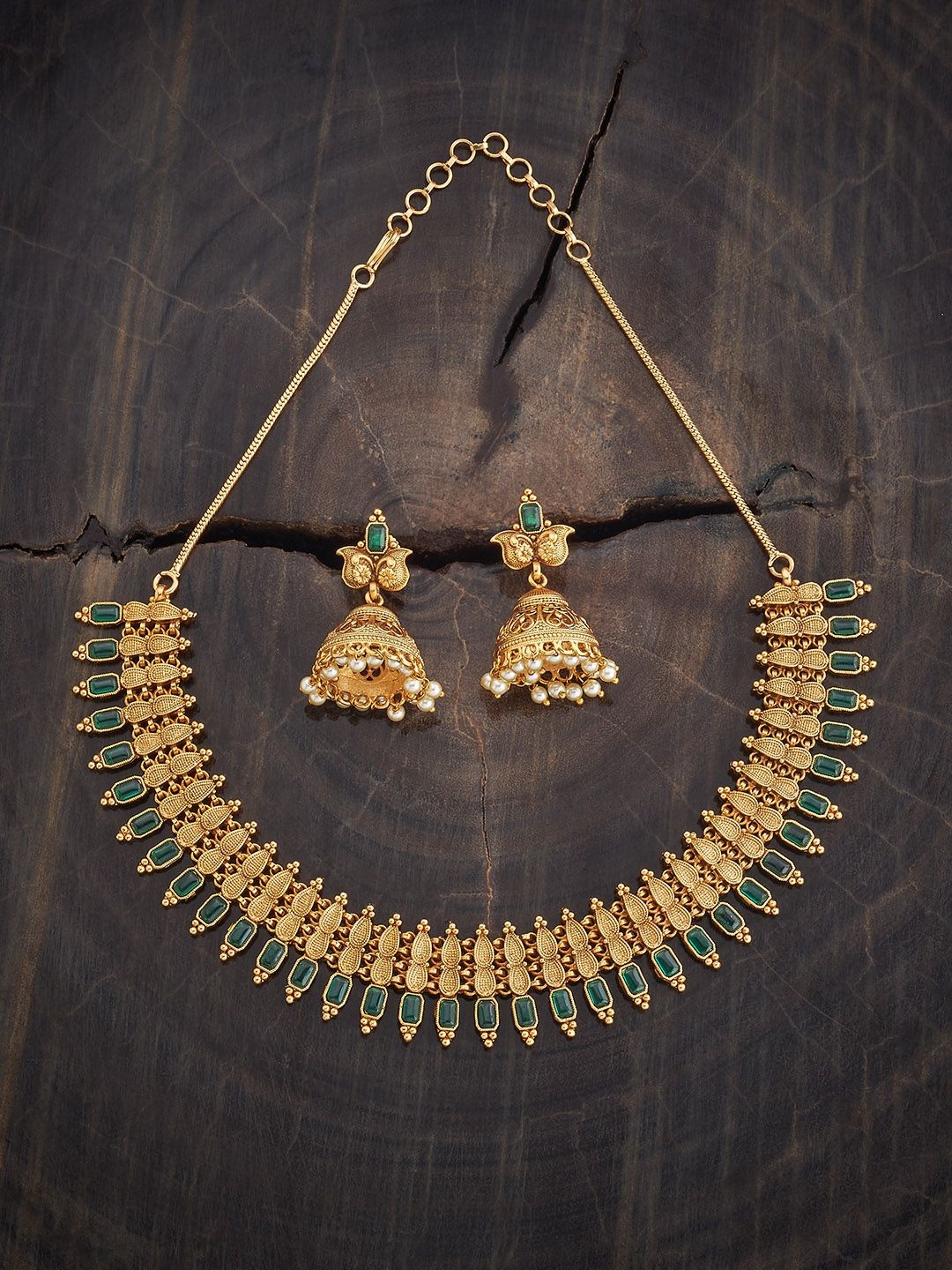 

Kushal's Fashion Jewellery Gold-Plated Kundan Studded Antique Necklace and Earrings