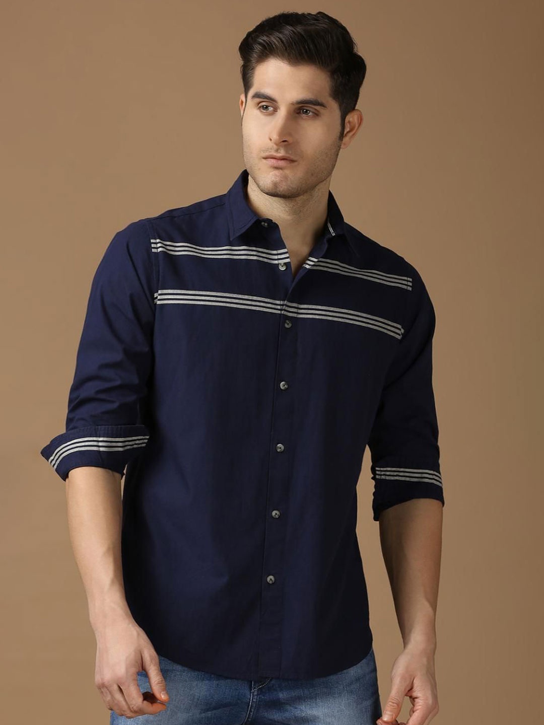 

SNX Men Spread Collar Horizontal Striped Cotton Casual Shirt, Navy blue