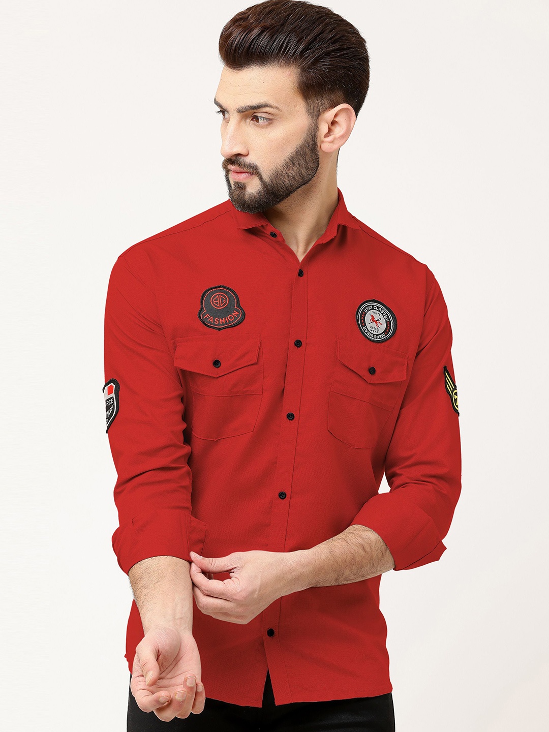 

WOXEN Men Original Fit Spread Collar Solid Cotton Casual Shirt, Red