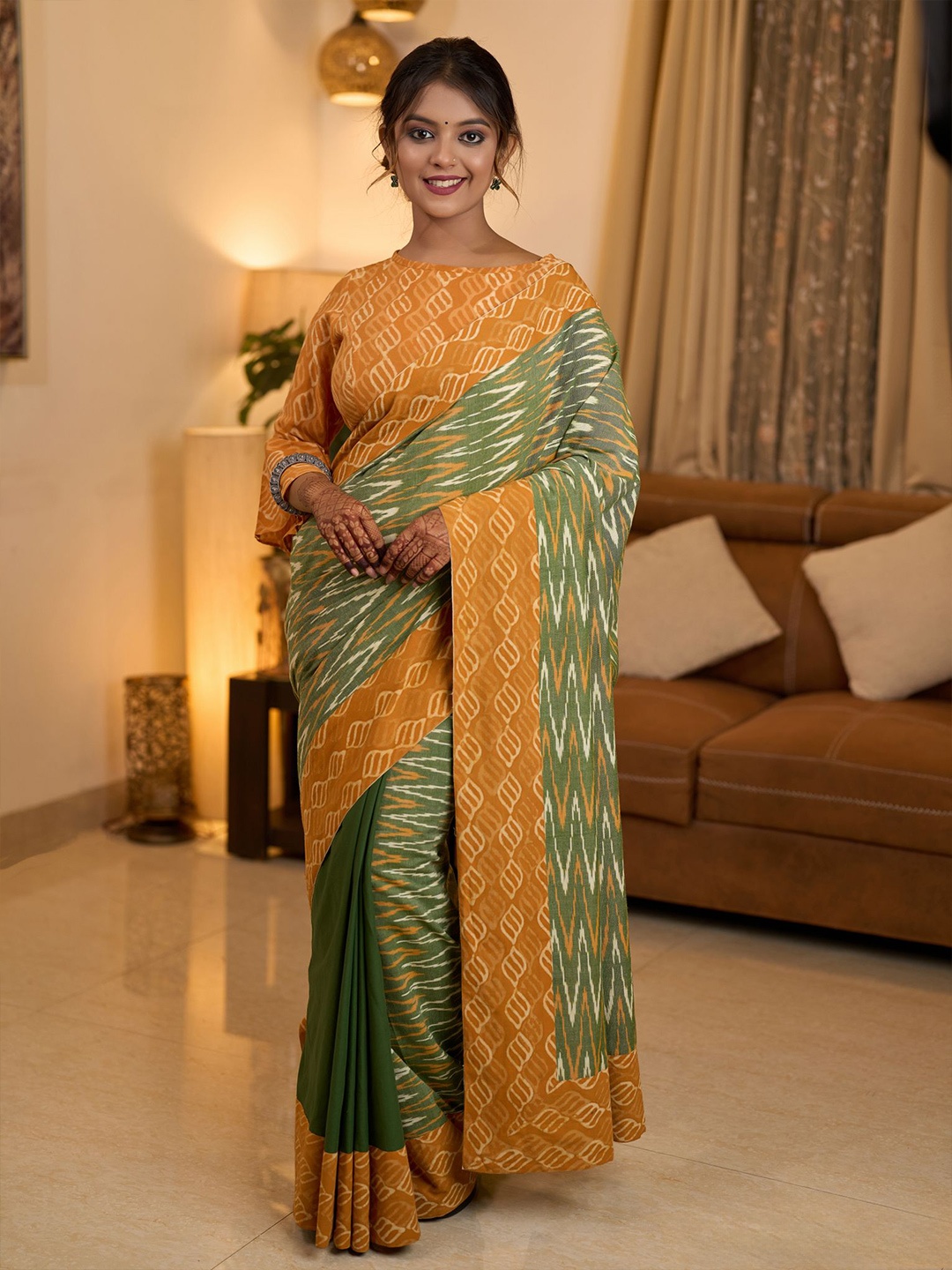 

Prasam Printed Pure Cotton Ikat Saree, Green