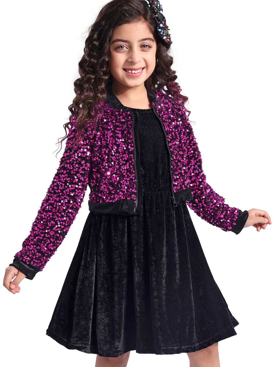 

Hola Bonita Girls Fit & Flare Dress With Sequined Jacket, Black