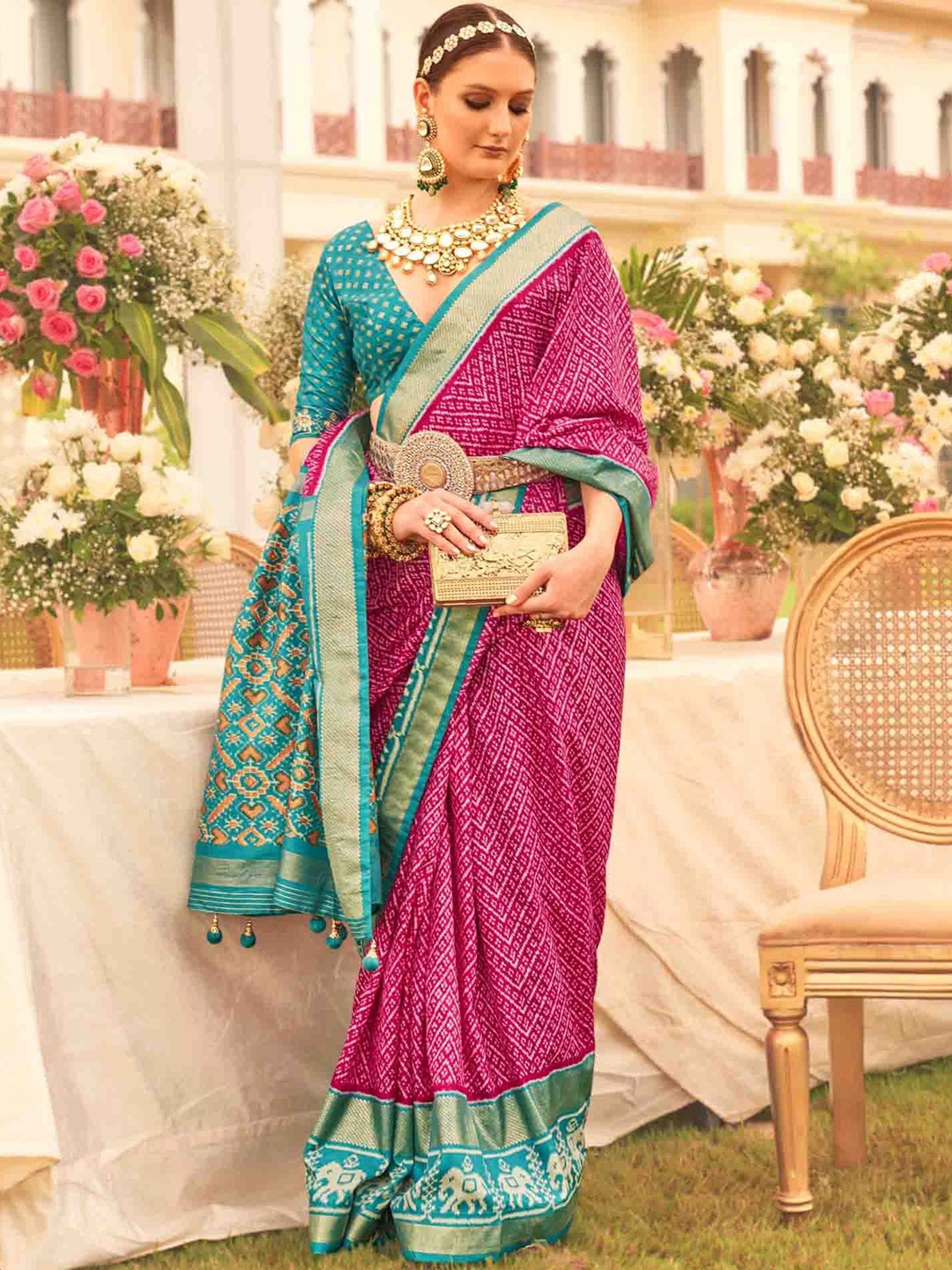 

Mitera Woven Design Zari Silk Blend Patola Saree, Magenta