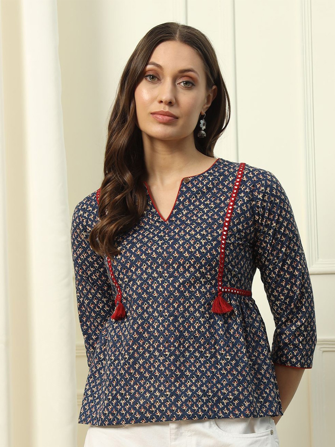 

FIORRA Women Floral Printed Cotton Mandarin Collar A-Line Top, Blue