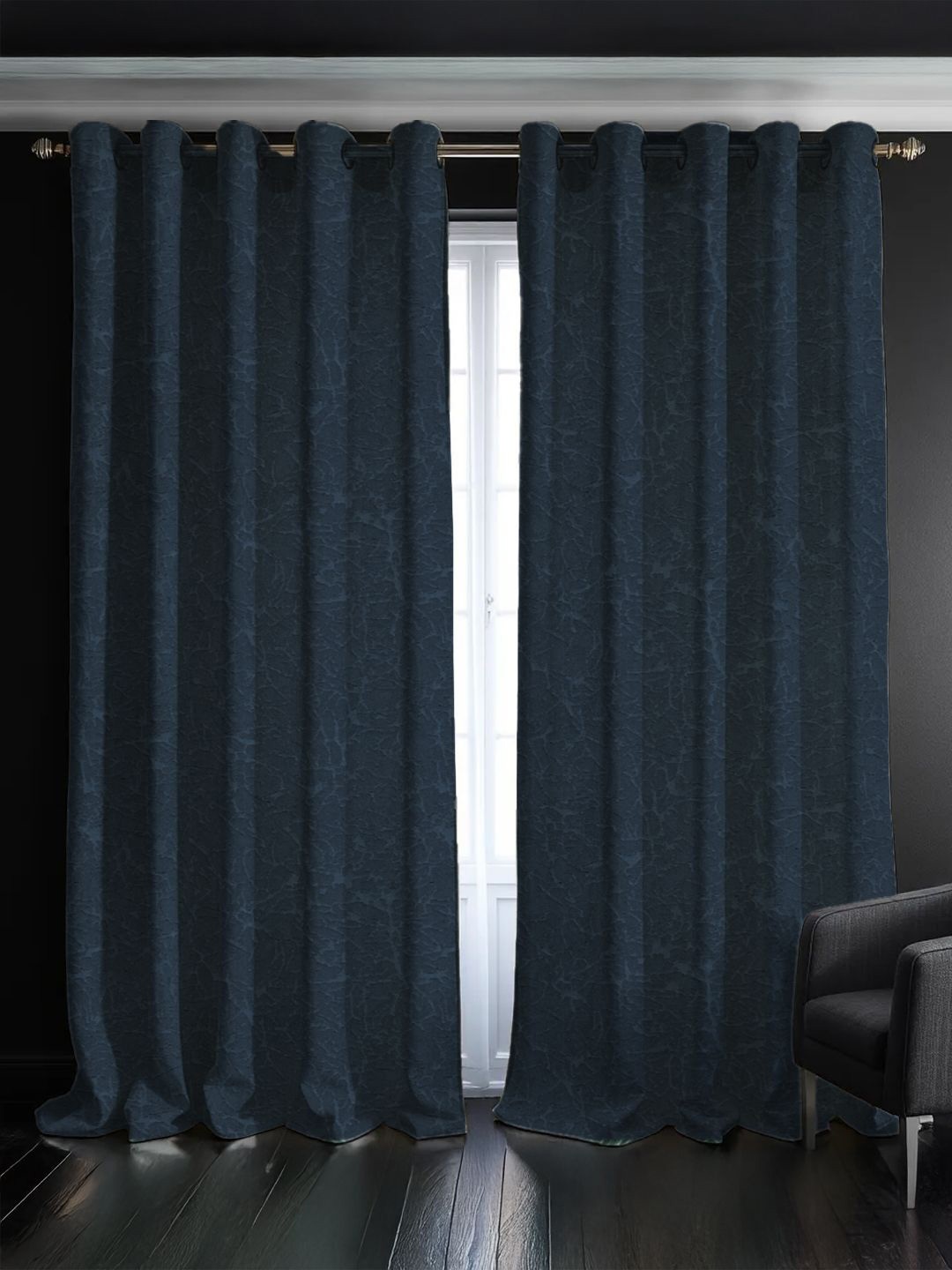 

URBAN SPACE Navy Blue Set of 2 Self Design Black Out Door Curtains