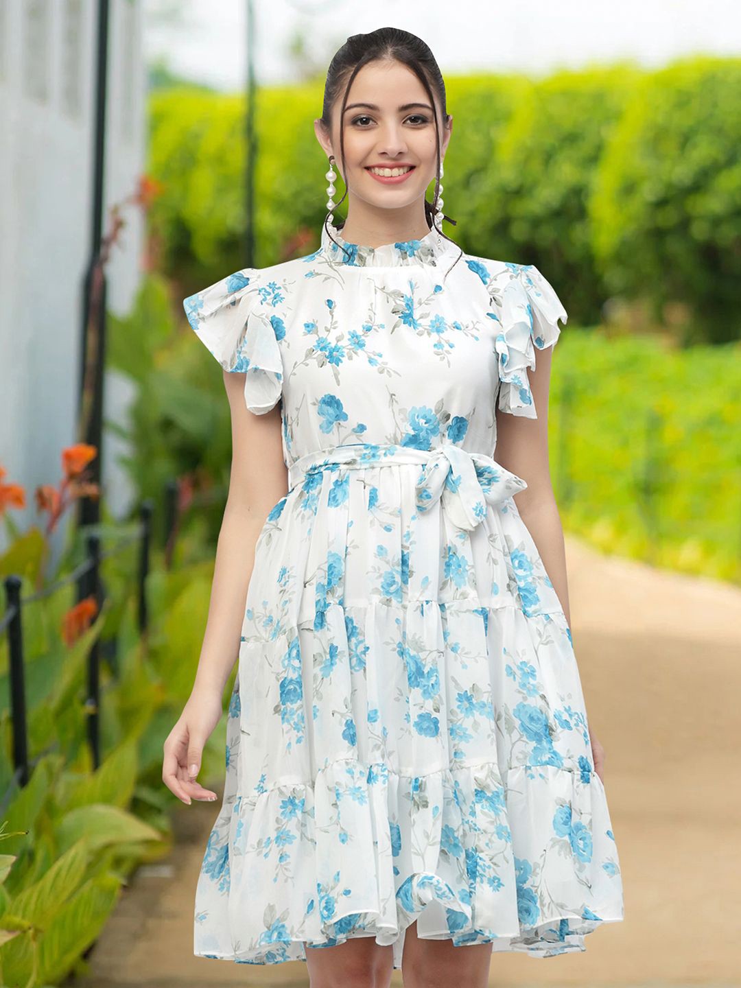 

MISS AYSE Floral Print Applique Fit & Flare Dress, Blue
