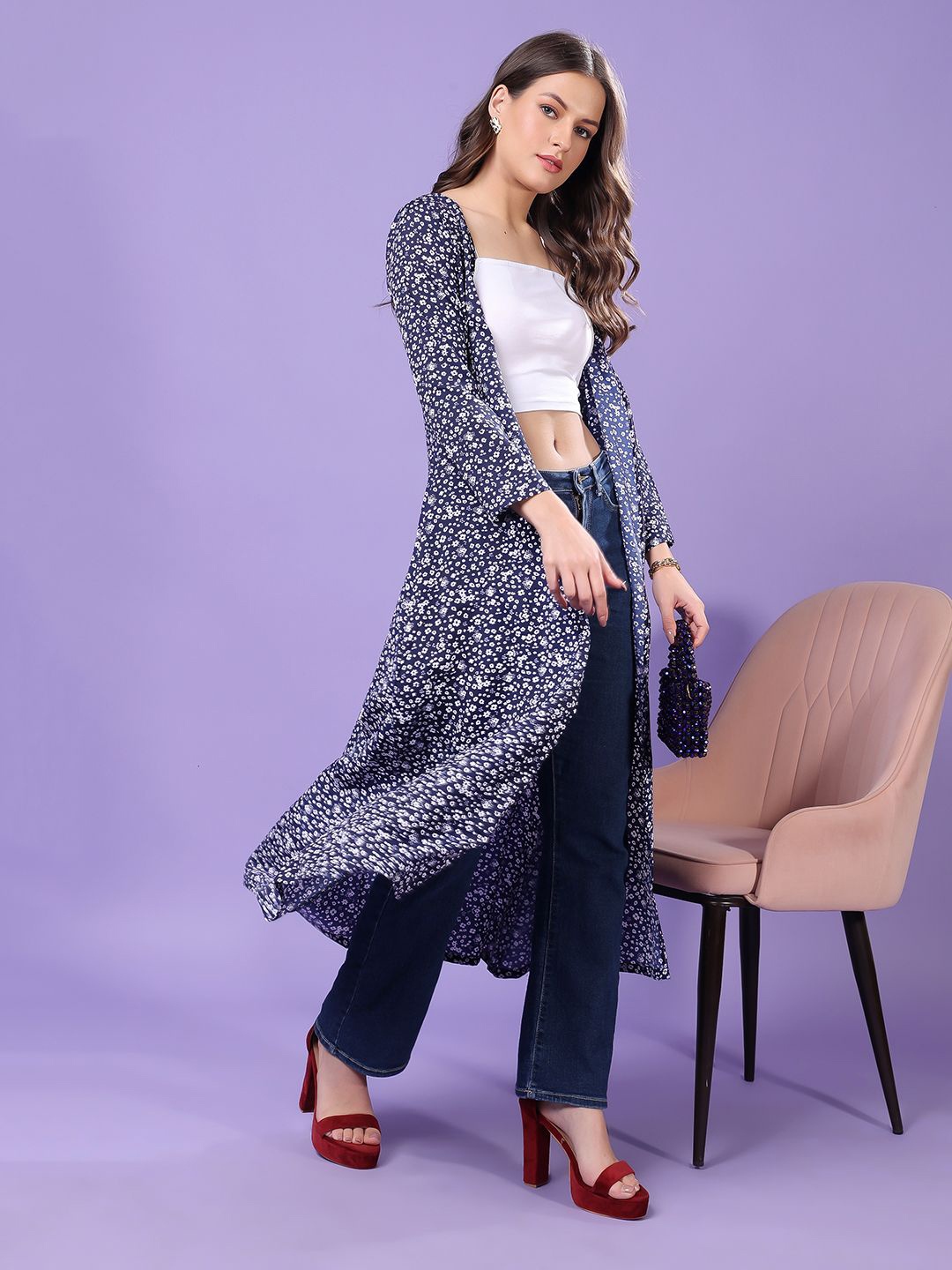 

Cation Floral Printed Longline Open Front Shrug, Navy blue