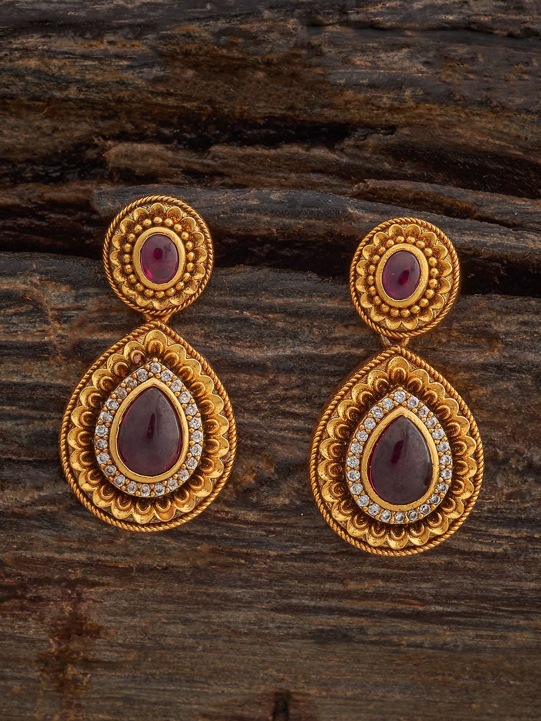 

Kushal's Fashion Jewellery Gold-Plated Stone Studded Oval Antique Drop Earrings