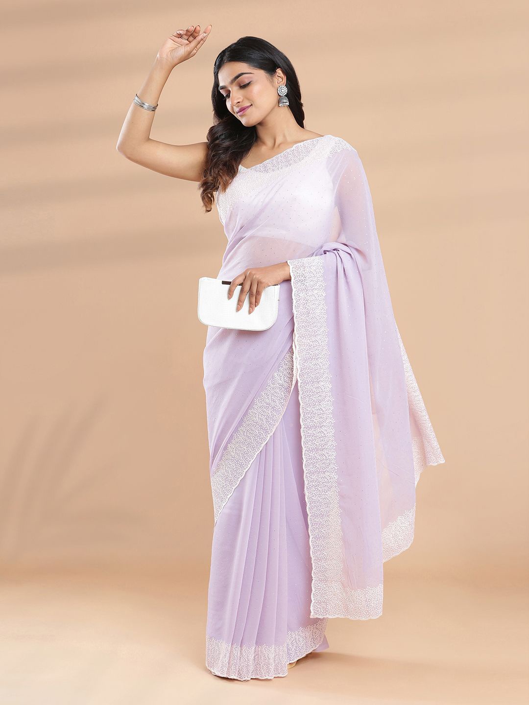 

Kalyan Silks Embellished Beads and Stones Poly Georgette Saree, Lavender