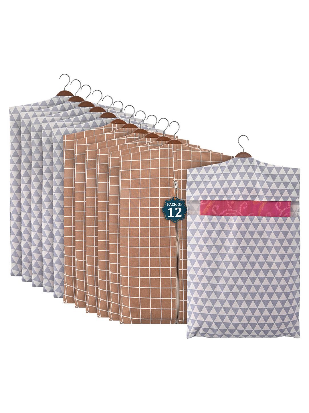 

Kuber Industries Brown Set of 12 Checked Hanging Saree Cover Multi-Utility Organisers