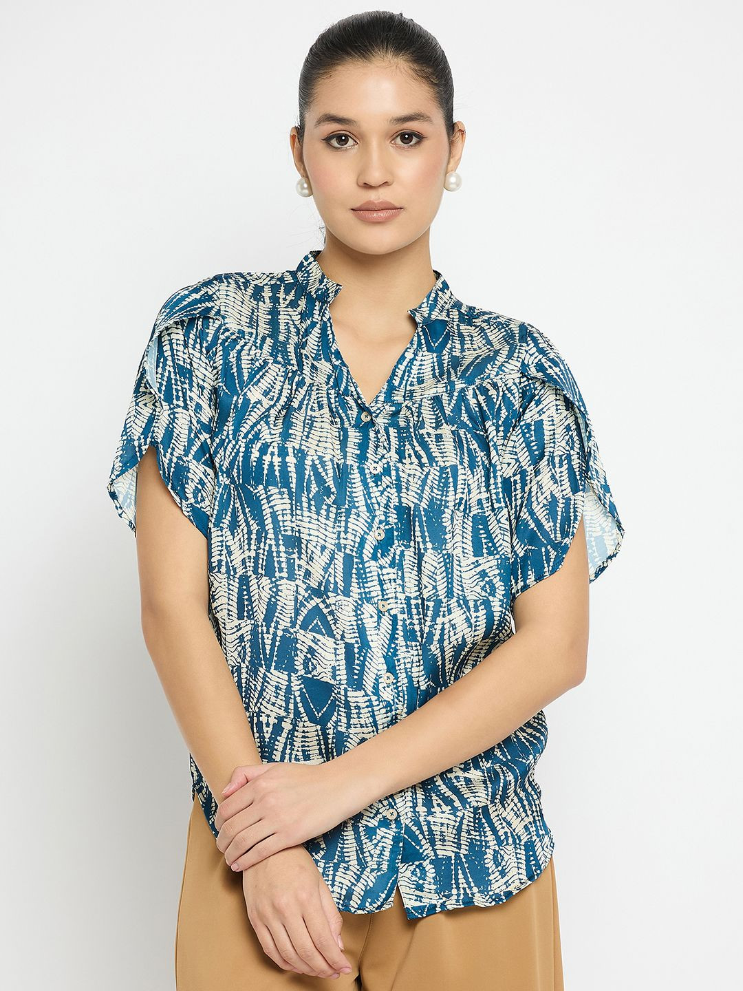 

Novio Printed Mandarin Collar Flared Sleeves Shirt Style Top, Teal