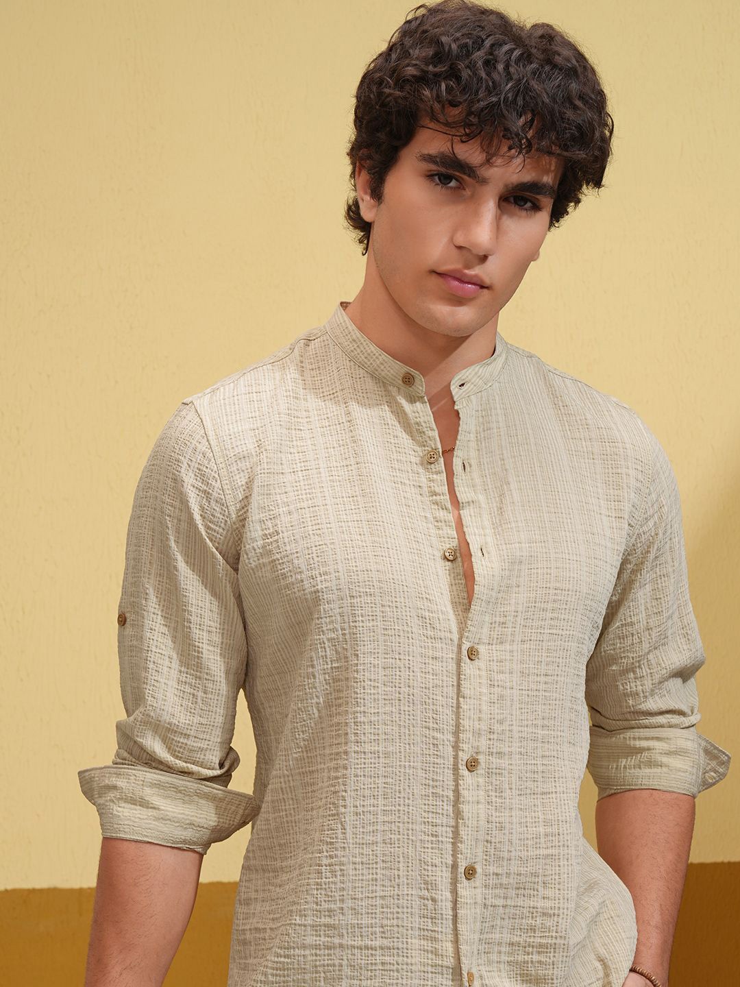 

HIGHLANDER Men Band Collar Textured Casual Shirt, Beige