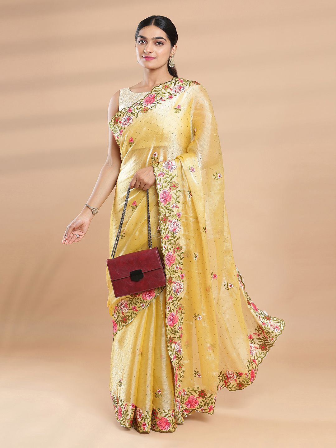 

Kalyan Silks Floral Beads and Stones Organza Saree, Gold