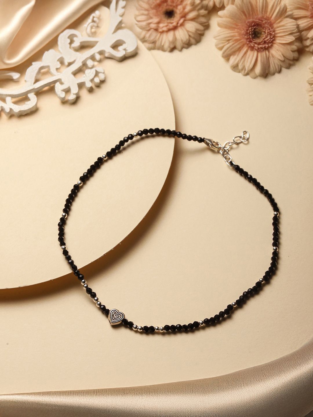 

SARAF SILVERETZ 925 Sterling Silver-Plated Beaded Heart Shaped Charms Single Anklet