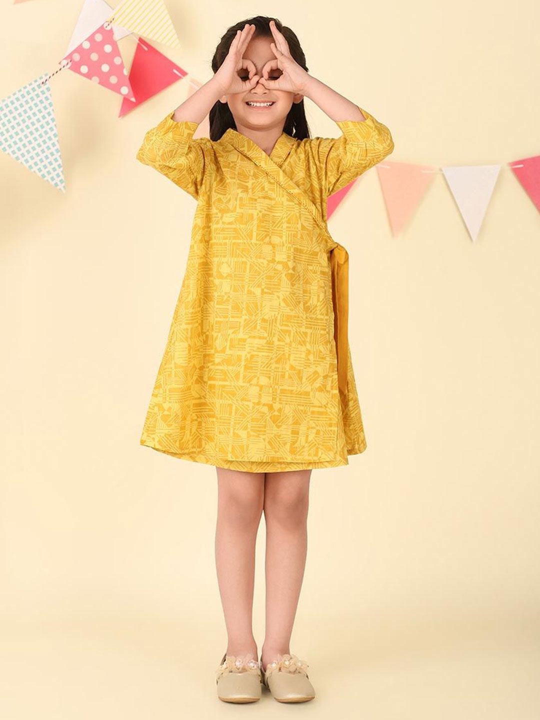 

Fabindia Girls Printed Cotton Wrap Dress, Mustard