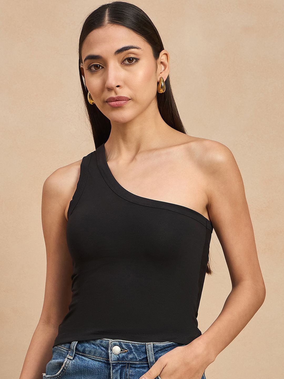 

COLOR CAPITAL Women One Shoulder Cotton Fitted Top, Black