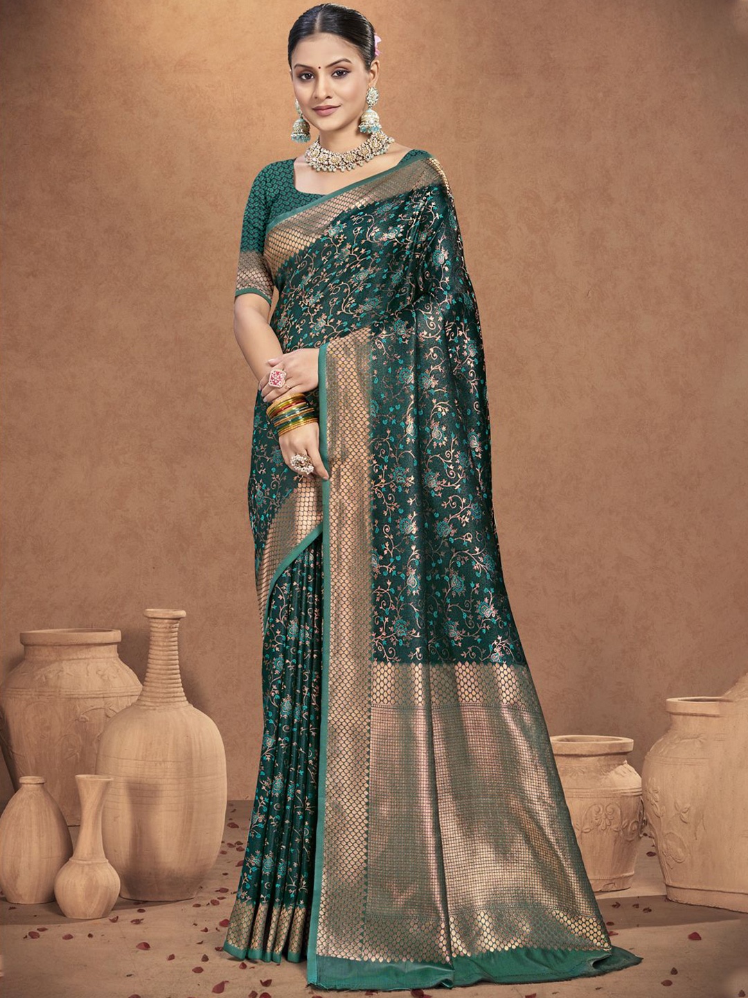

SANGAM PRINTS Floral Woven Design Zari Tussar Saree, Sea green
