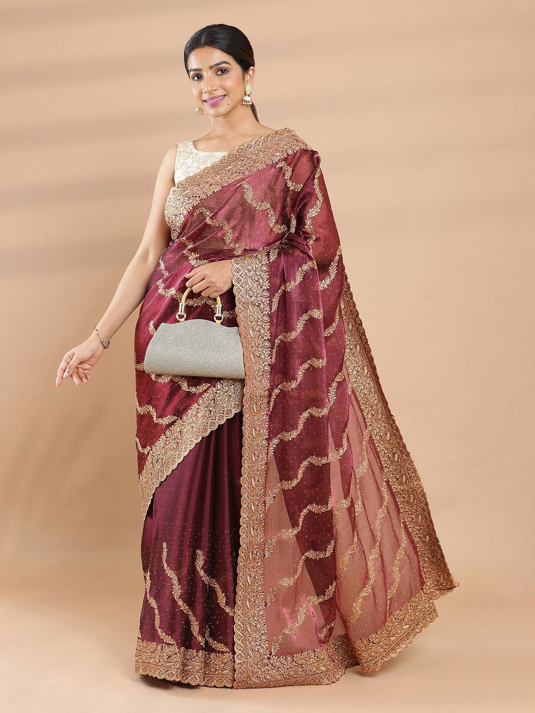 

Kalyan Silks Floral Beads and Stones Organza Saree, Maroon