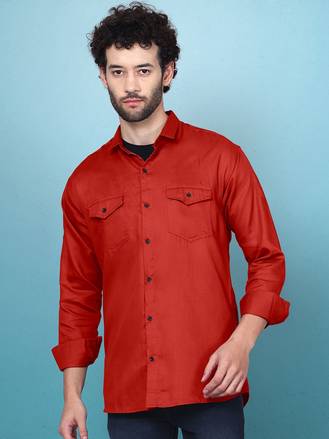 

WOXEN Men Original Fit Spread Collar Solid Cotton Casual Shirt, Red