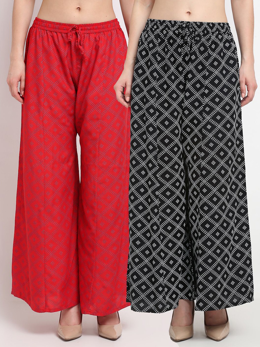 

GRACIT Women Pack Of 2 Printed Flared Knitted Ethnic Palazzos, Black